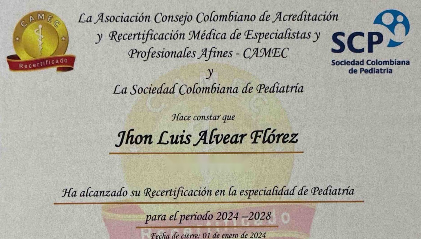 Certificado de recertificación en Pediatría 2024–2028 de CAMEC y la Sociedad Colombiana de Pediatría